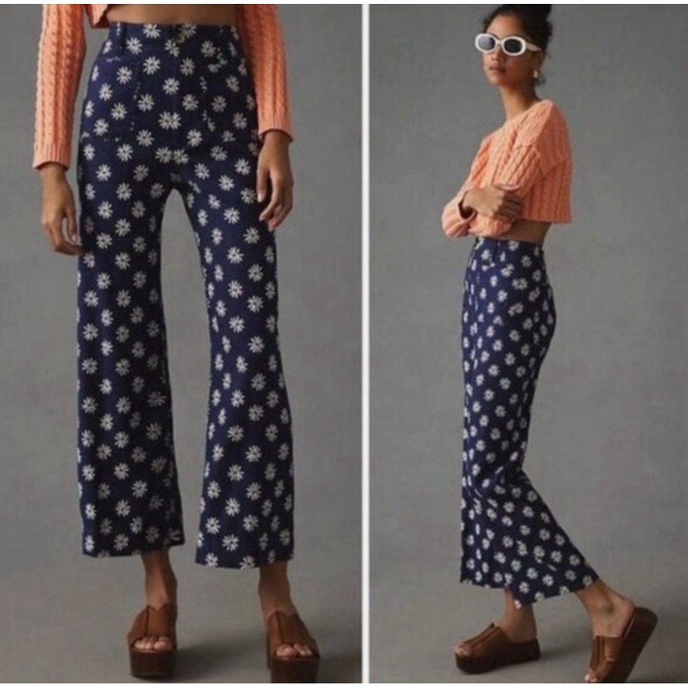 Maeve The Colette Pants Womens 25 Navy Daisy Floral Wide Leg Crop Linen Blend